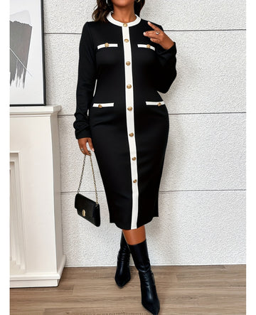 Bulk Plus-Size Black White Color-Block Midi Dress 27 Pcs product image 1
