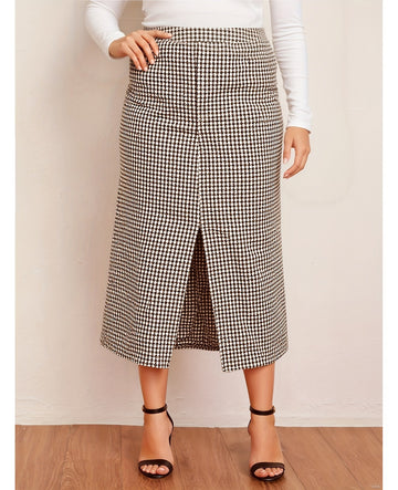 Bulk Plus-Size Coffee-Tone Plaid Slit Skirt 27 Pcs product image 1