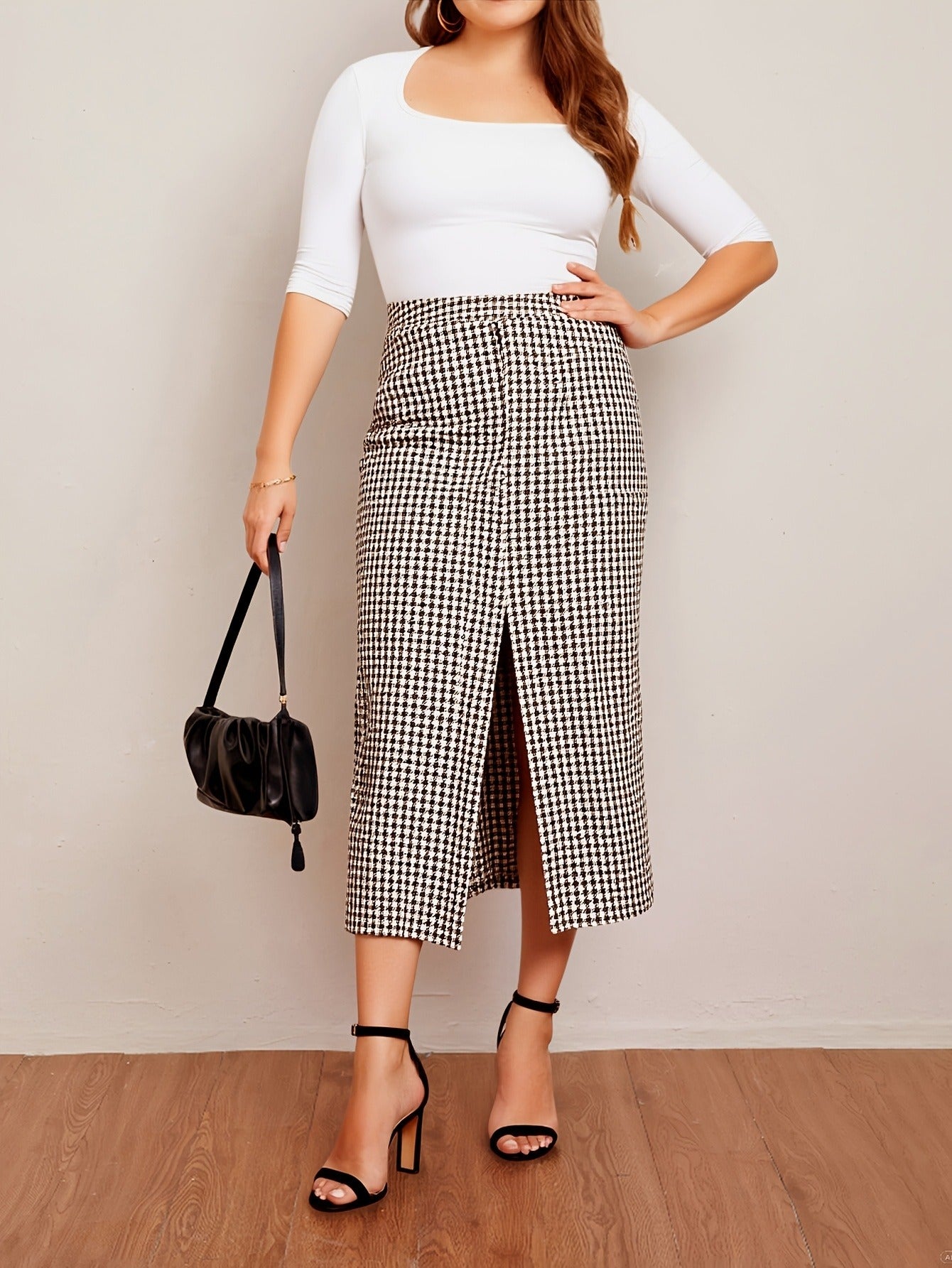 Bulk Plus-Size Coffee-Tone Plaid Slit Skirt 27 Pcs product image 4
