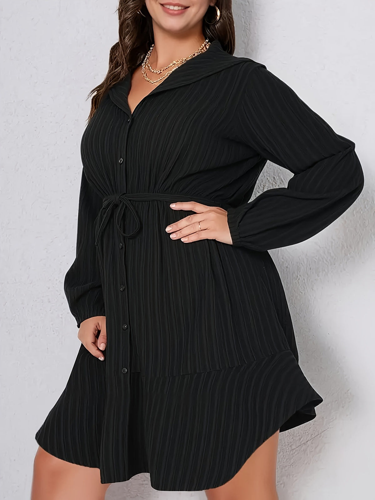 Bulk Plus Size Elegant Lapel Collar Button Shirt Dress A Line Knee Length 20 Pcs product image 5