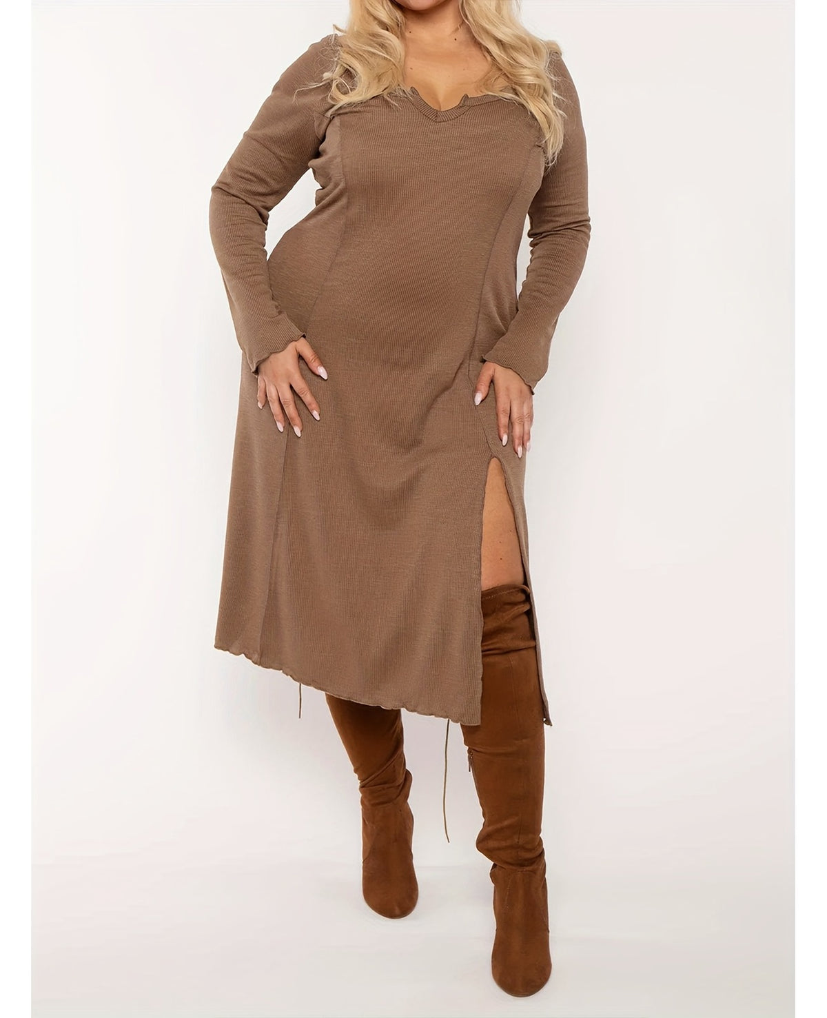 Bulk Plus Size Khaky Dress Stylish Heart Shaped Neck Long Sleeves Skirt Slit 34 Pcs product image 1