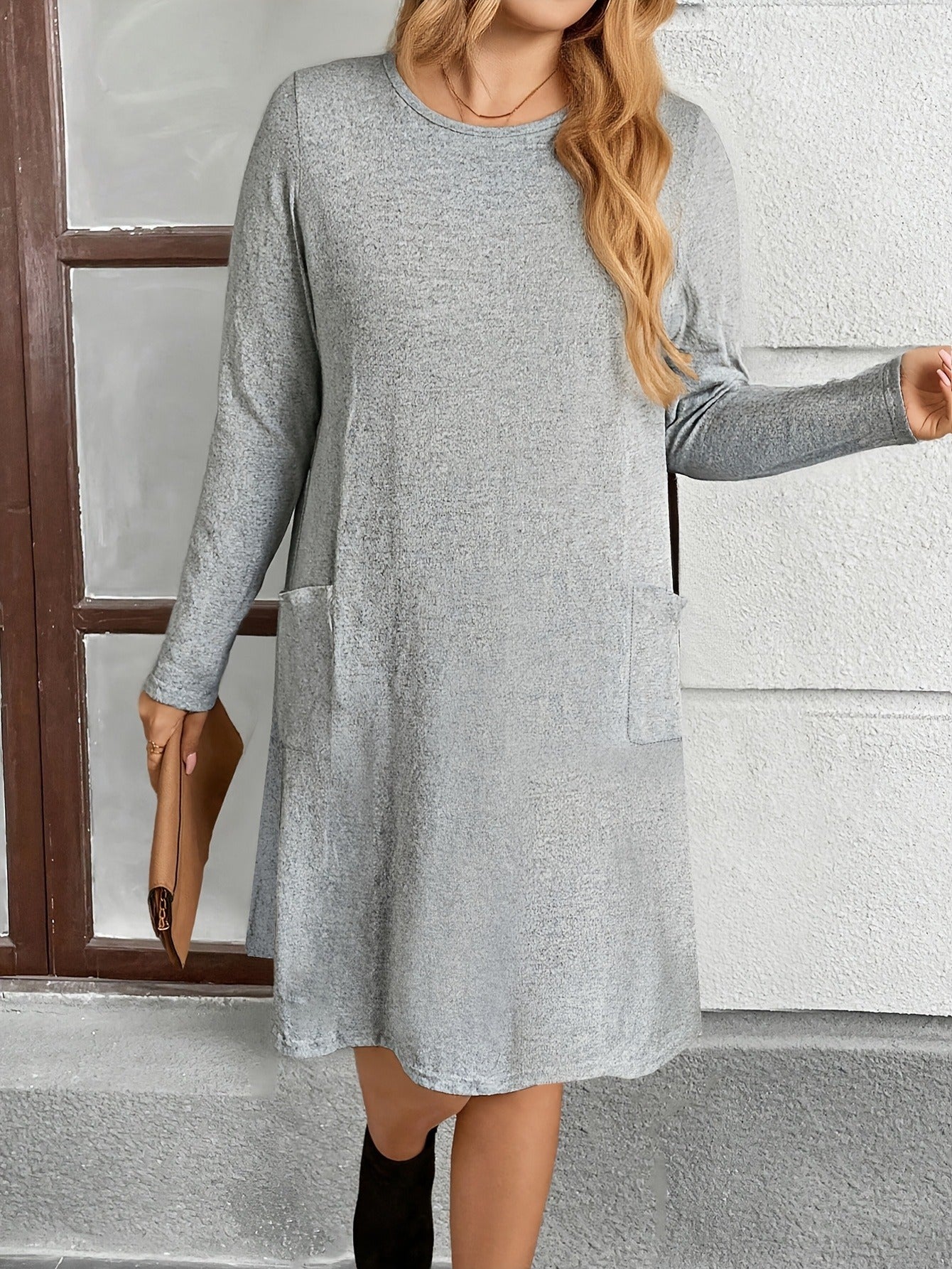 Bulk Plus Size Light Grey Maxi Dress With Pockets Knee Length Round Neck 19 Pcs product image 4