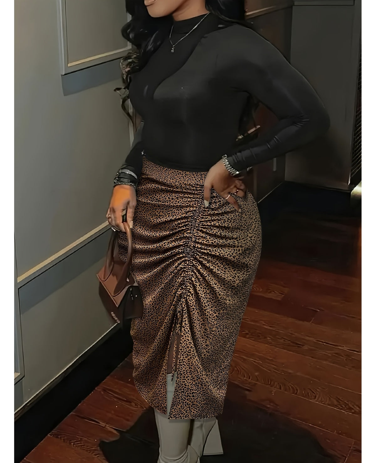 Bulk Plus Size Oversized Leopard Print Pleated Midi Skirt Stylish Chic 16 Pcs product image 1