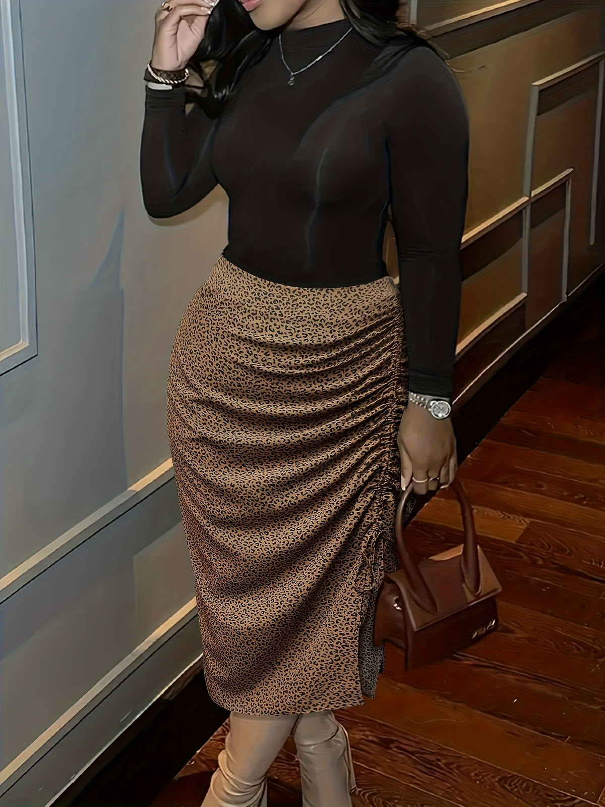 Bulk Plus Size Oversized Leopard Print Pleated Midi Skirt Stylish Chic 16 Pcs product image 3