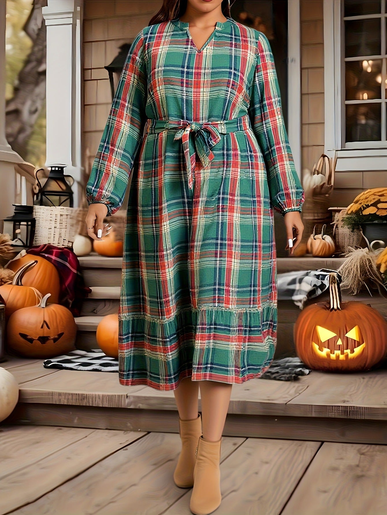 Bulk Plus Size Sized Retro Long Sleeved Dress Features Red Blue Beige V Neck 3 Pcs product image 2