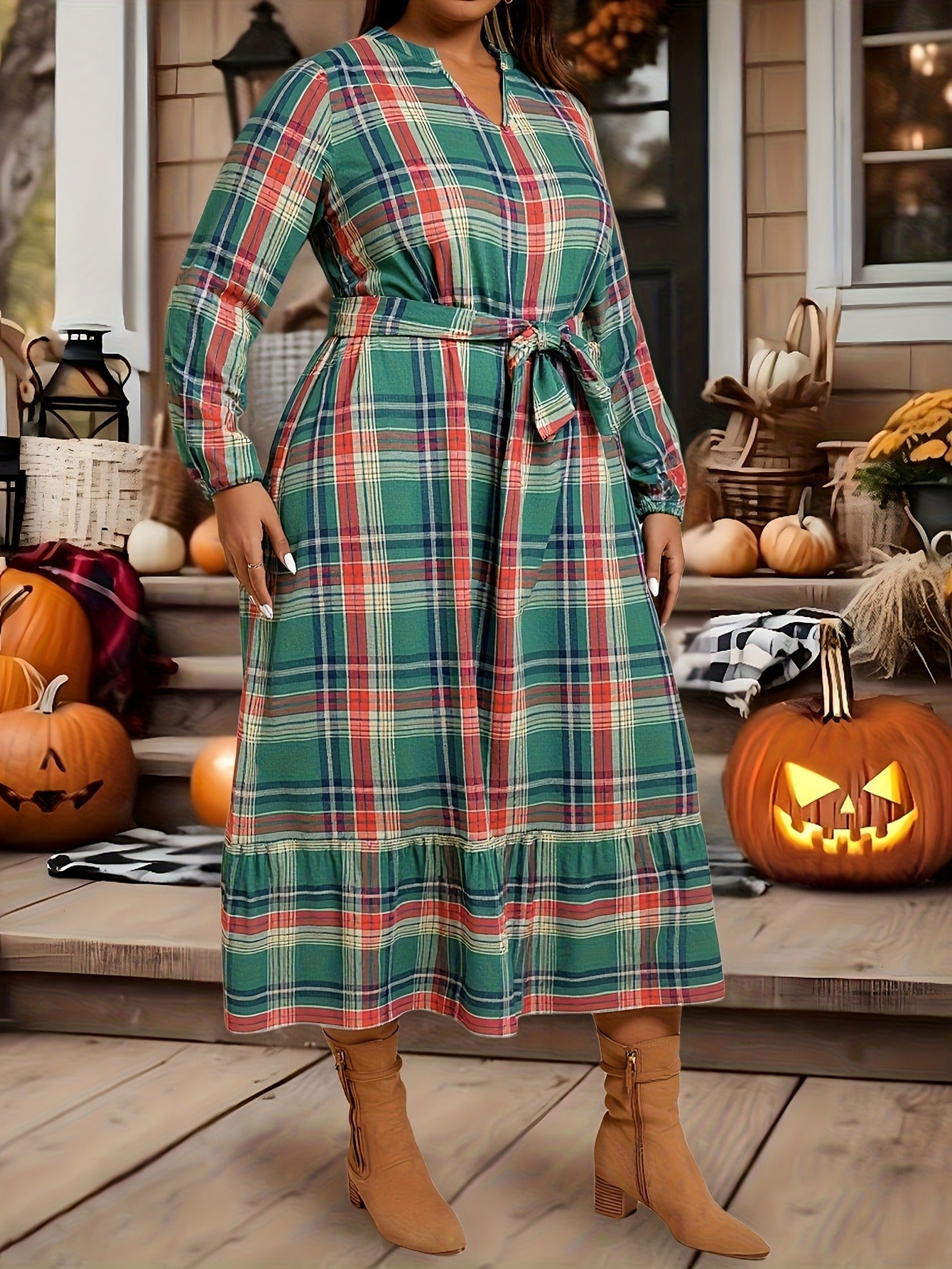 Bulk Plus Size Sized Retro Long Sleeved Dress Features Red Blue Beige V Neck 3 Pcs product image 3