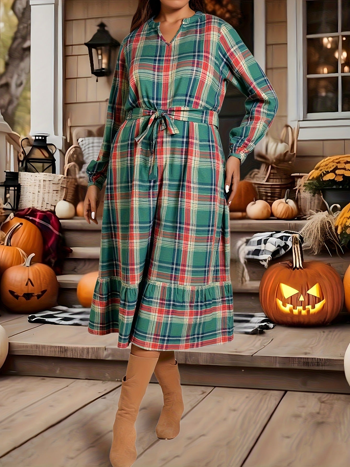 Bulk Plus Size Sized Retro Long Sleeved Dress Features Red Blue Beige V Neck 3 Pcs product image 4