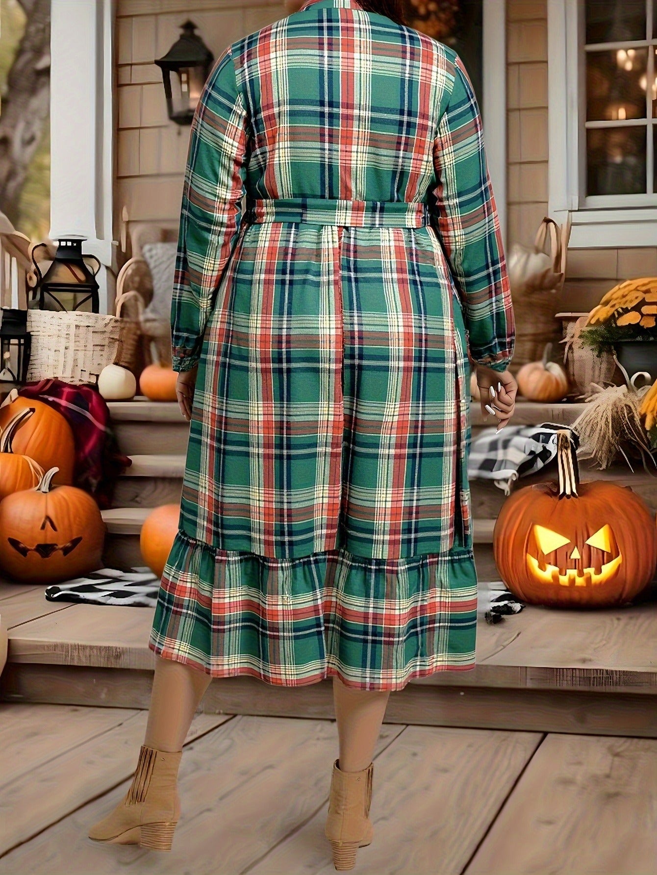 Bulk Plus Size Sized Retro Long Sleeved Dress Features Red Blue Beige V Neck 3 Pcs product image 5