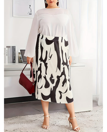 Bulk Plus Size Women's Elegant Pleated Maxi Skirt Black White Abstract Art 54 Pcs product image 1