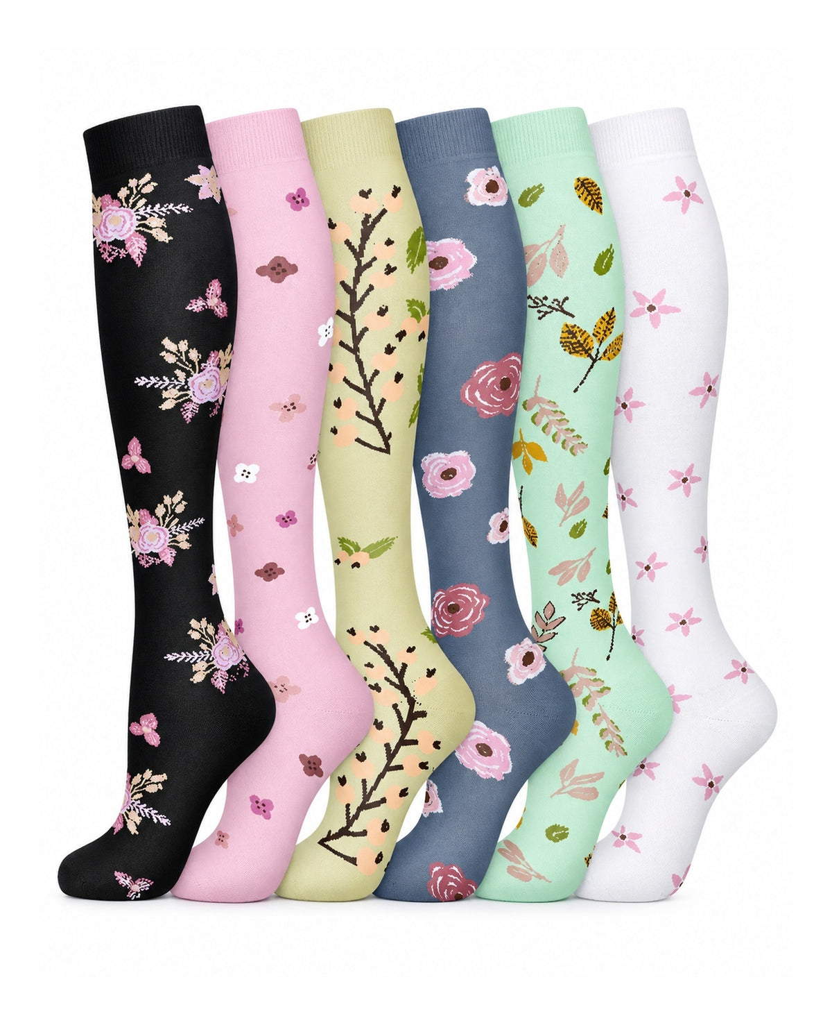 Patterned Compression Socks 6 Pair Set - Vintage Rose Garden AI generated white background six pair assortment