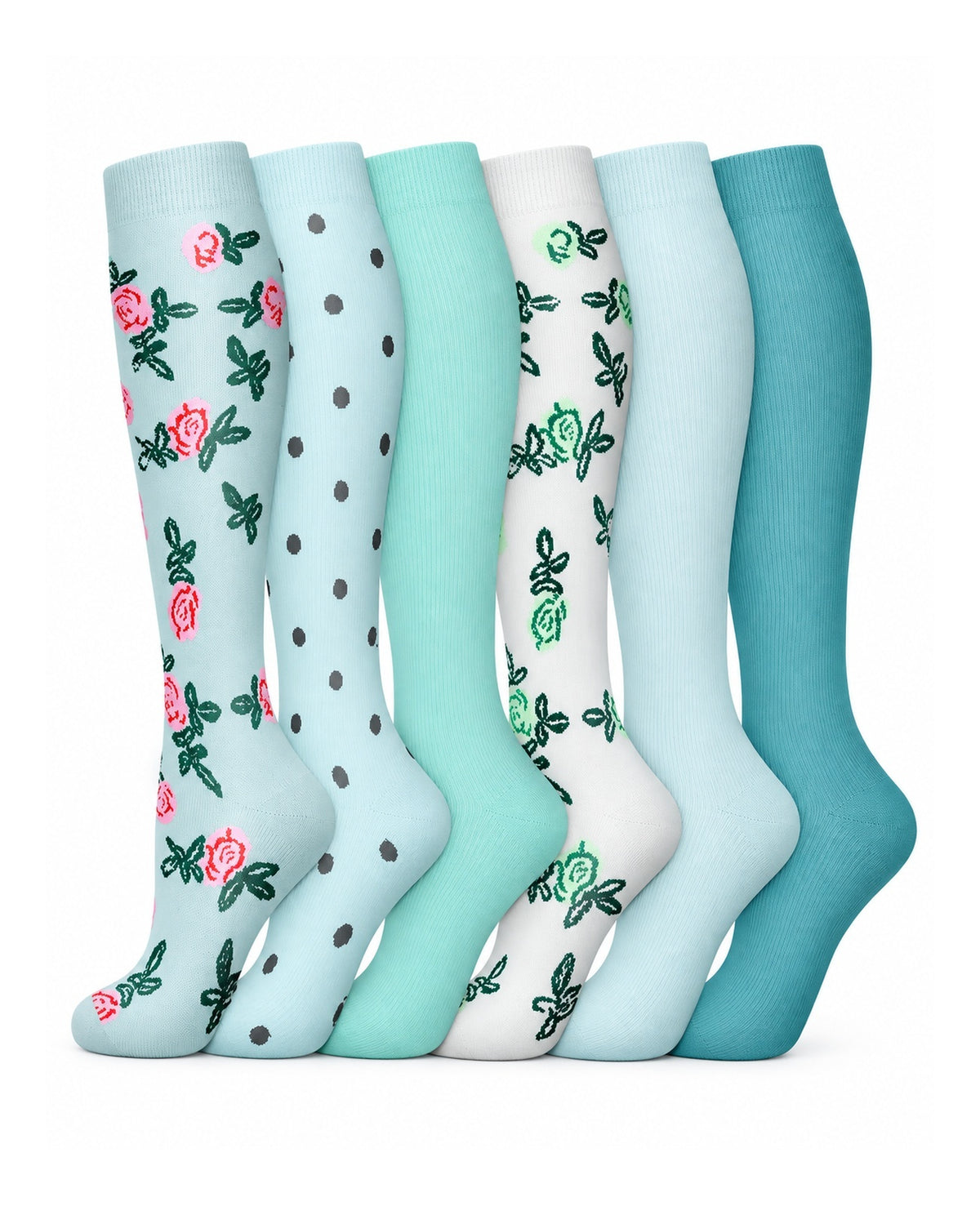 Patterned Compression Socks 6 Pair Set - Aqua Blossom AI generated white background six pair assortment