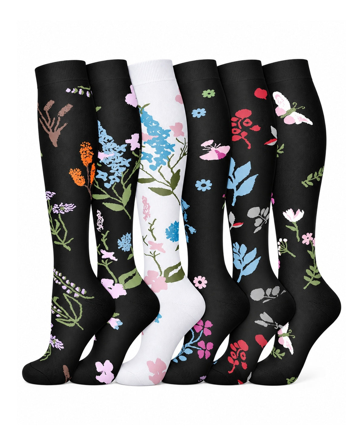 Patterned Compression Socks 6 Pair Set - Midnight Wildflower AI generated white background six pair assortment