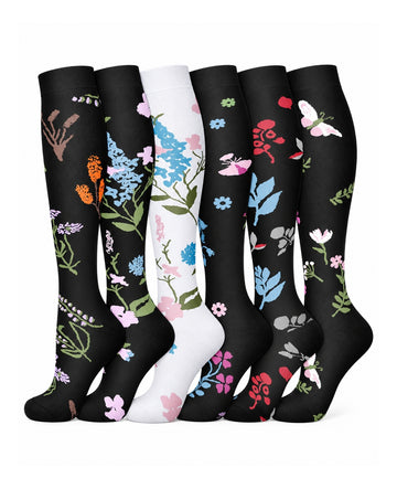 Patterned Compression Socks 6 Pair Set - Midnight Wildflower AI generated white background six pair assortment