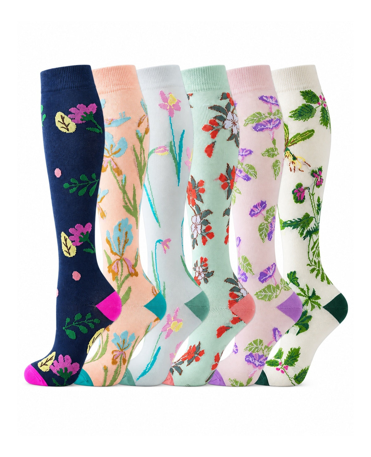 Patterned Compression Socks 6 Pair Set - Wildflower Garden AI generated white background six pair assortment