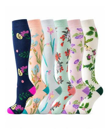 Patterned Compression Socks 6 Pair Set - Wildflower Garden AI generated white background six pair assortment
