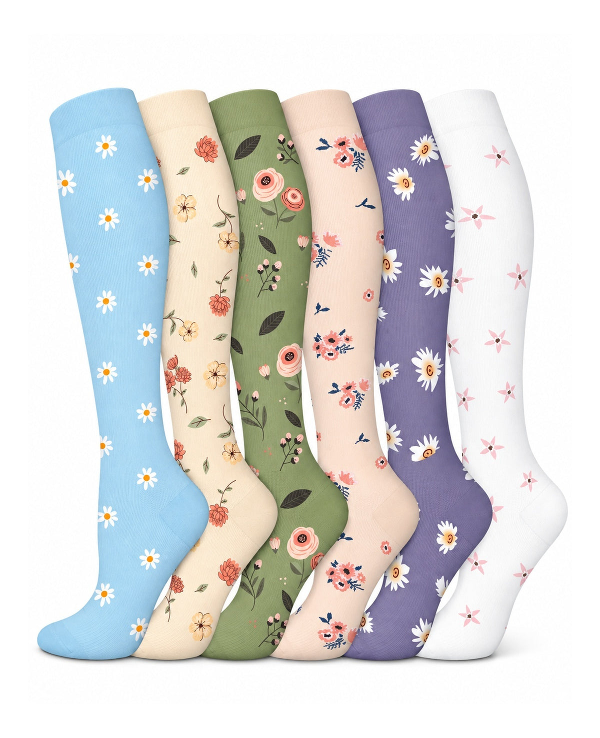 Patterned Compression Socks 6 Pair Set - Daisy Meadow AI generated white background six pair assortment