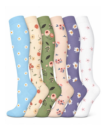 Patterned Compression Socks 6 Pair Set - Daisy Meadow AI generated white background six pair assortment