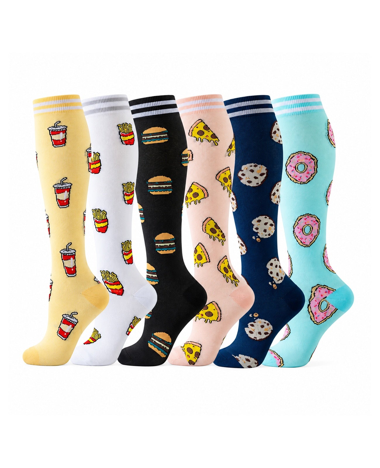 Patterned Compression Socks 6 Pair Set - Burger Fries exact six pair assortment sharp white background hero image