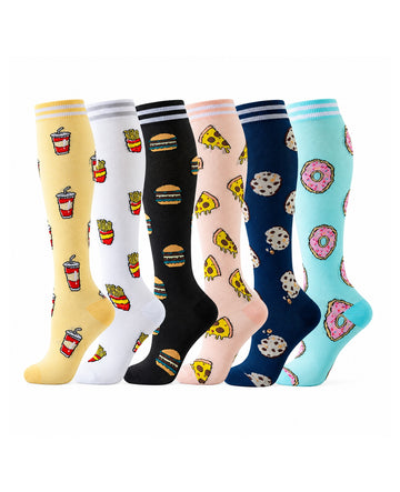 Patterned Compression Socks 6 Pair Set - Burger Fries exact six pair assortment sharp white background hero image