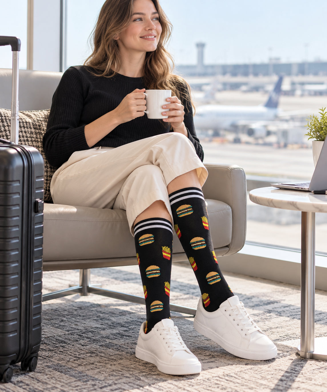Patterned Compression Socks 6 Pair Set - Burger Fries regular compression socks female lifestyle scene 02