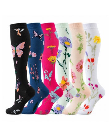 Patterned Compression Socks 6 Pair Set - Butterfly Floral exact six pair assortment sharp white background hero image