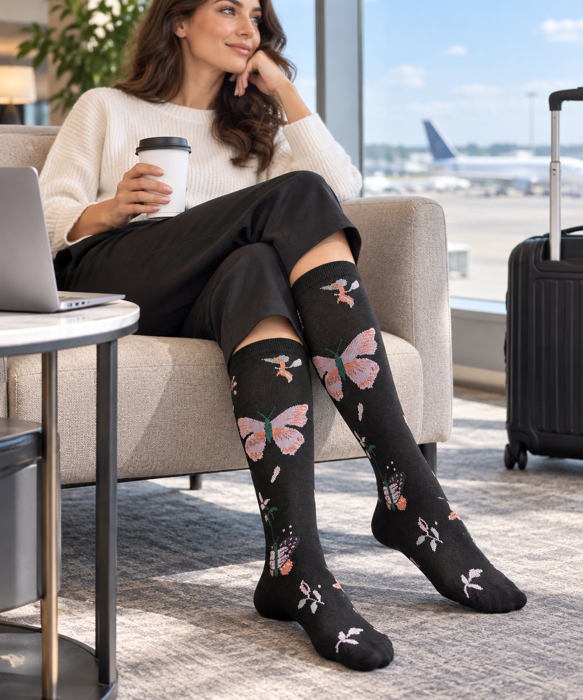 Patterned Compression Socks 6 Pair Set - Butterfly Floral regular compression socks female lifestyle scene 02