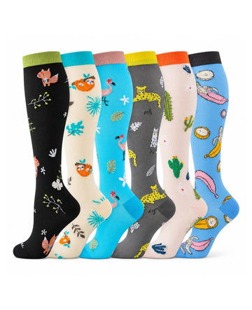 Patterned Compression Socks 6 Pair Set - Cactus Animals exact six pair assortment sharp white background hero image