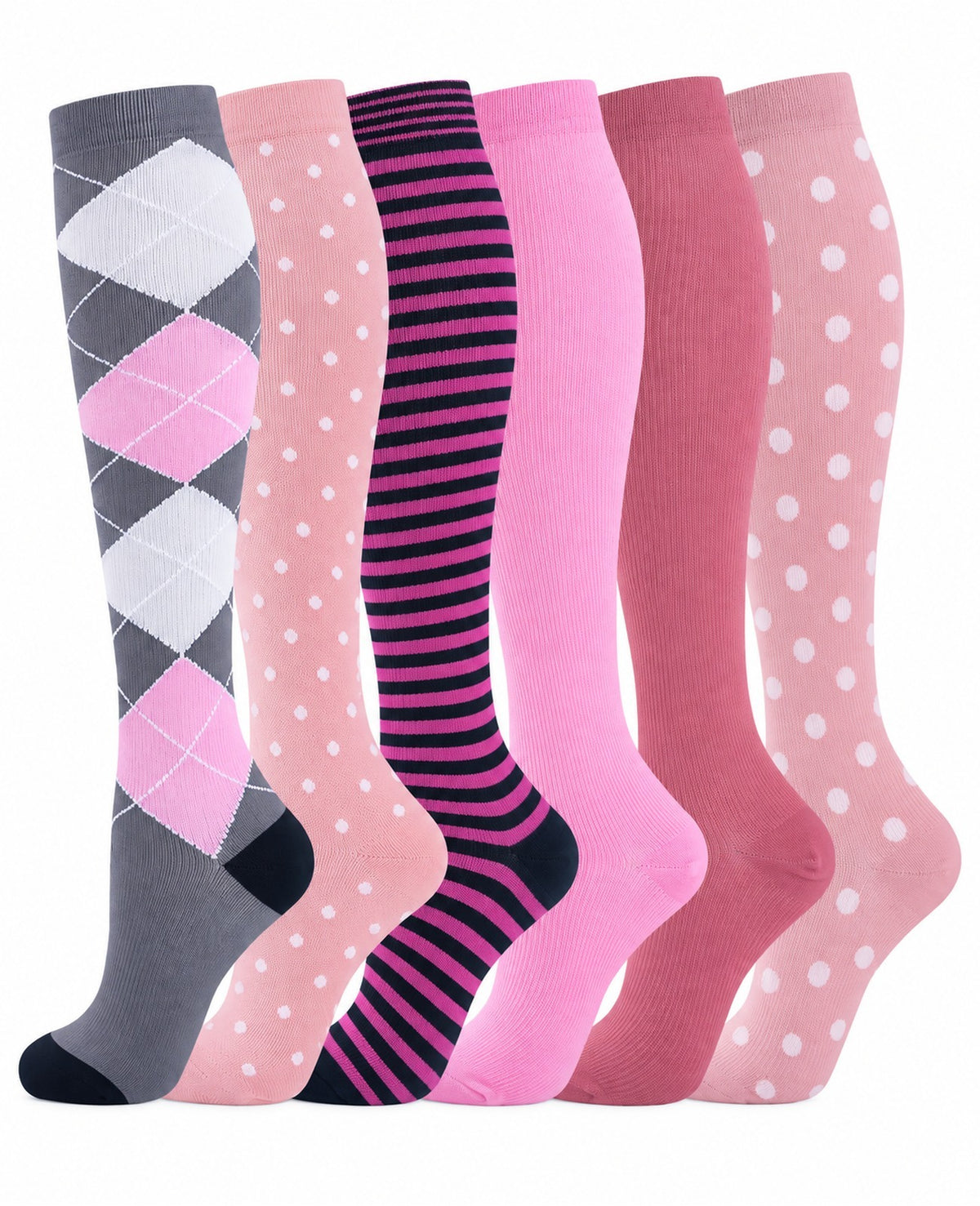 Patterned Compression Socks Knee High 6 Pair Set - Colorful Stripe Mix clean white background hero