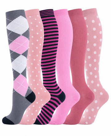 Patterned Compression Socks Knee High 6 Pair Set - Colorful Stripe Mix clean white background hero