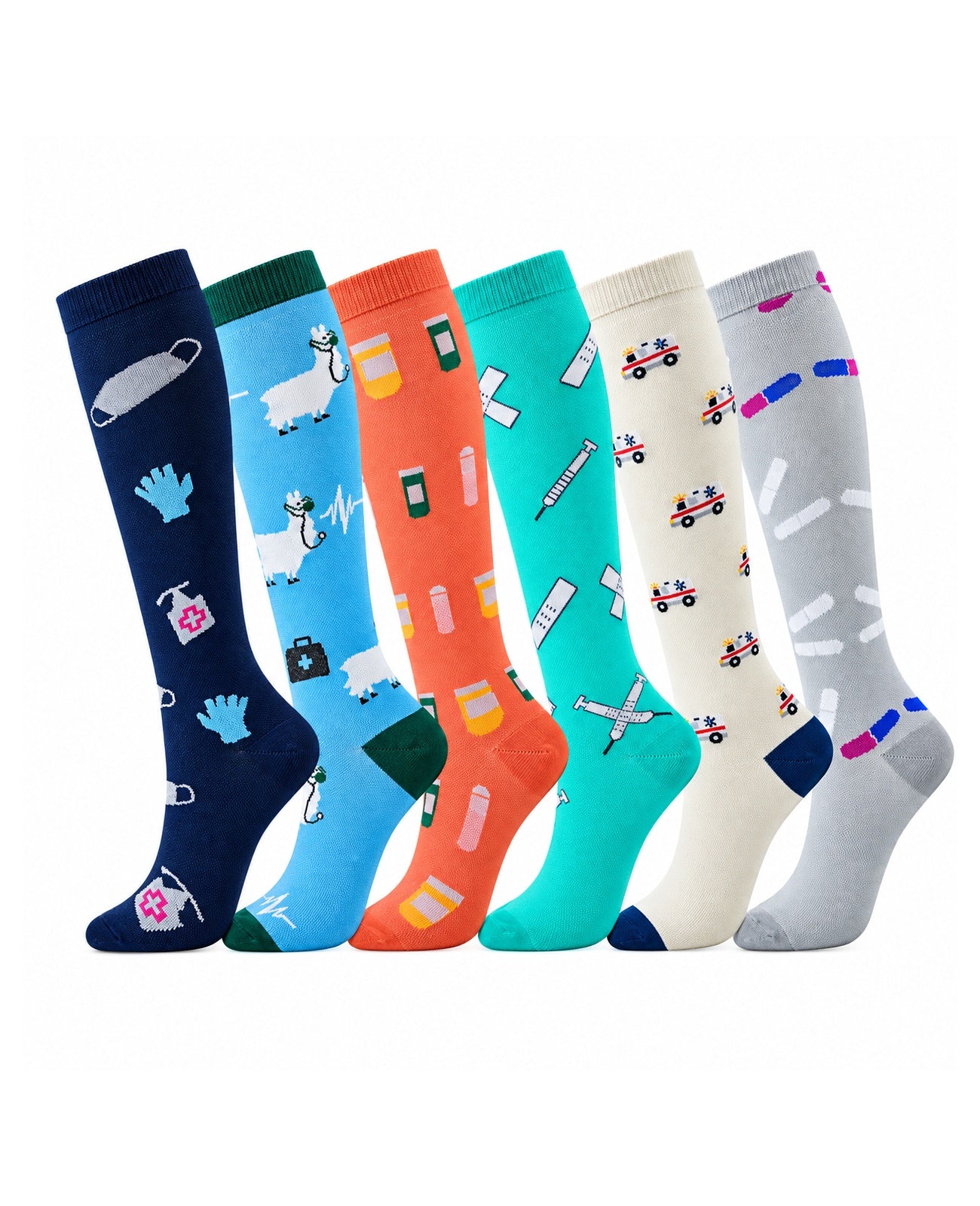Patterned Compression Socks 6 Pair Set - Colorful Medical exact six pair assortment sharp white background hero image