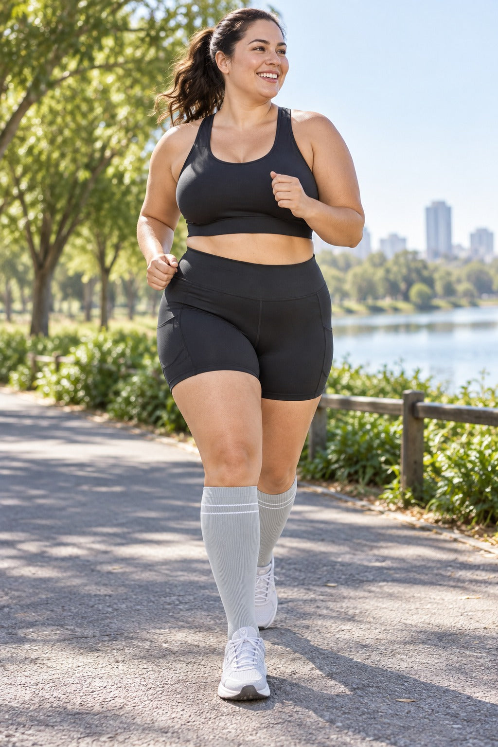 Patterned Compression Socks 6 Pair Set - Double Stripe female running scene