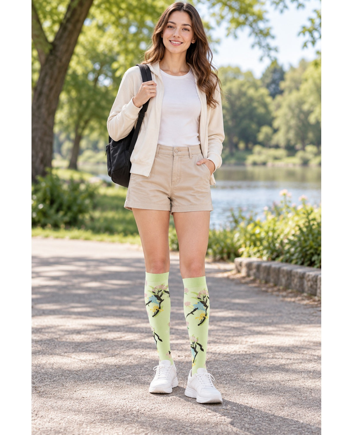 Patterned Compression Socks 6 Pair Set - Floral Mix 4 female model outdoor scene
