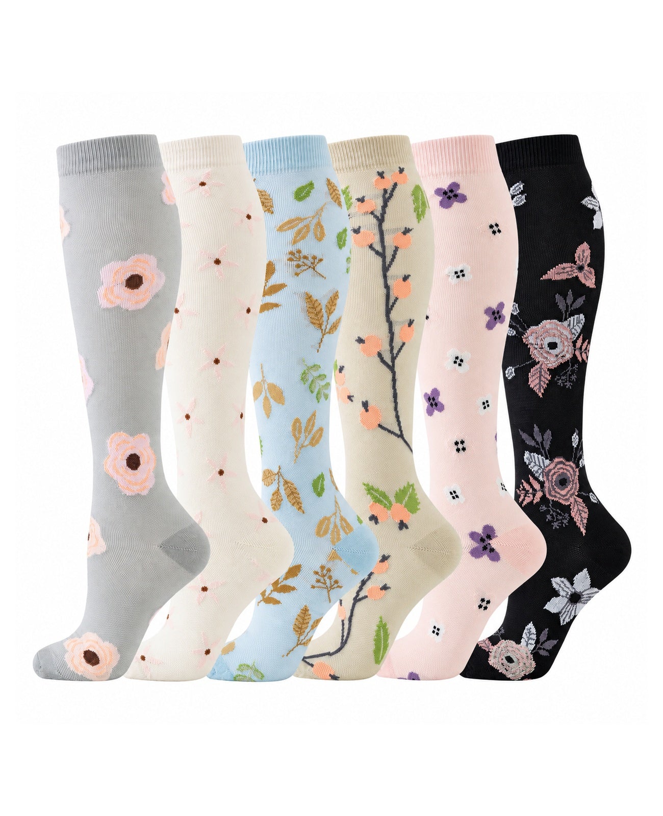 Patterned Compression Socks 6 Pair Set - Flower Bouquet exact six pair assortment sharp white background hero image