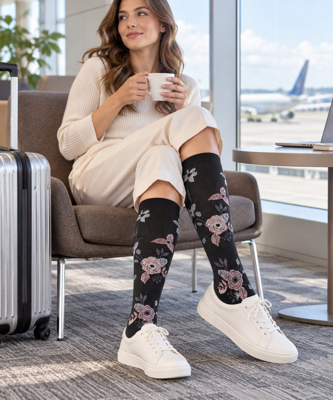 Patterned Compression Socks 6 Pair Set - Flower Bouquet regular compression socks female lifestyle scene 02