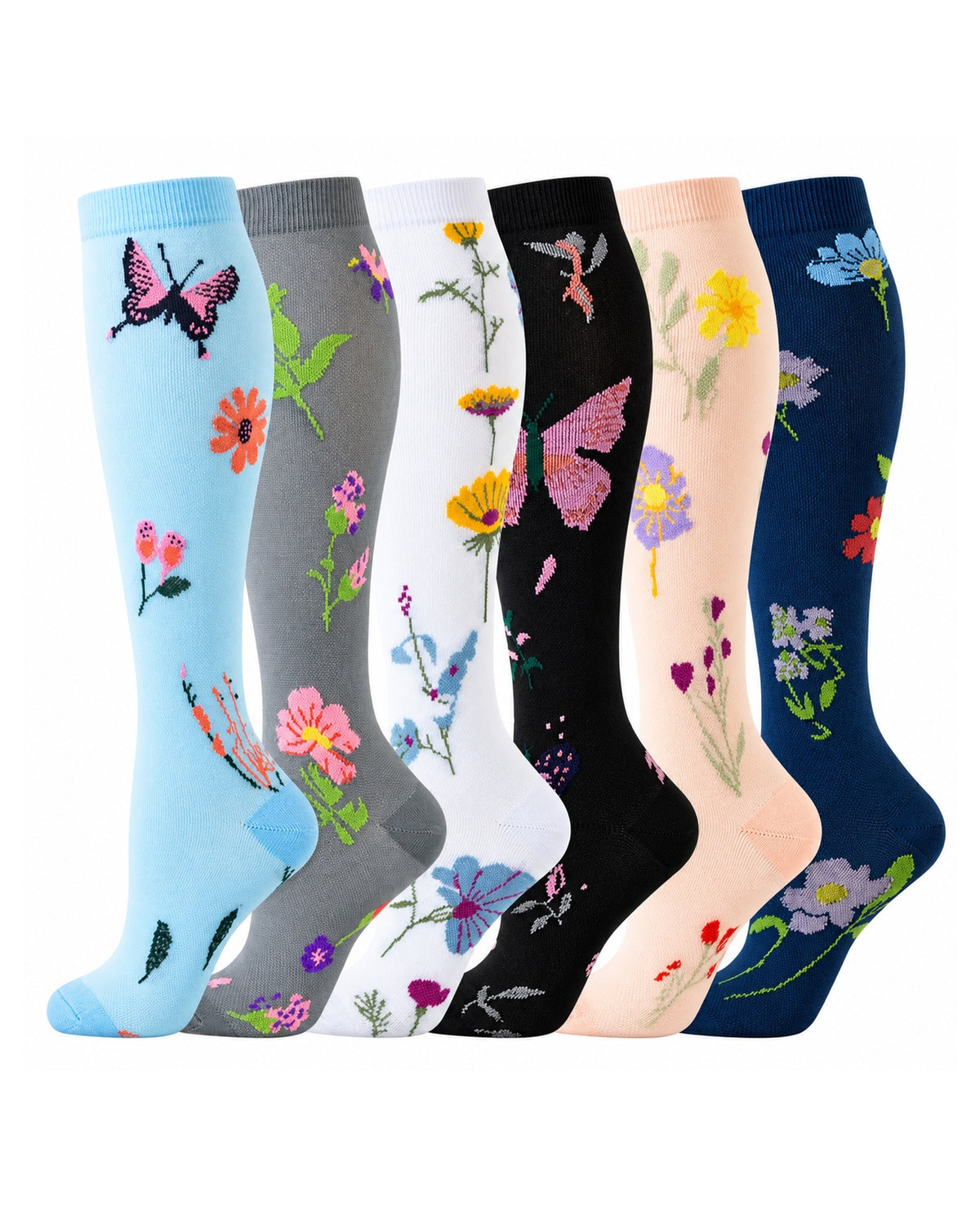 Patterned Compression Socks 6 Pair Set - Fresh Floral exact six pair assortment sharp white background hero image