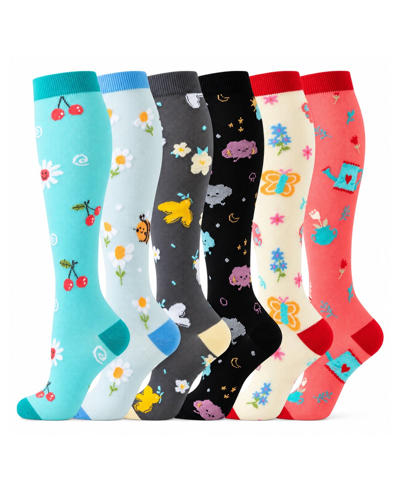 Patterned Compression Socks 6 Pair Set - Fruit Cloud exact six pair assortment sharp white background hero image