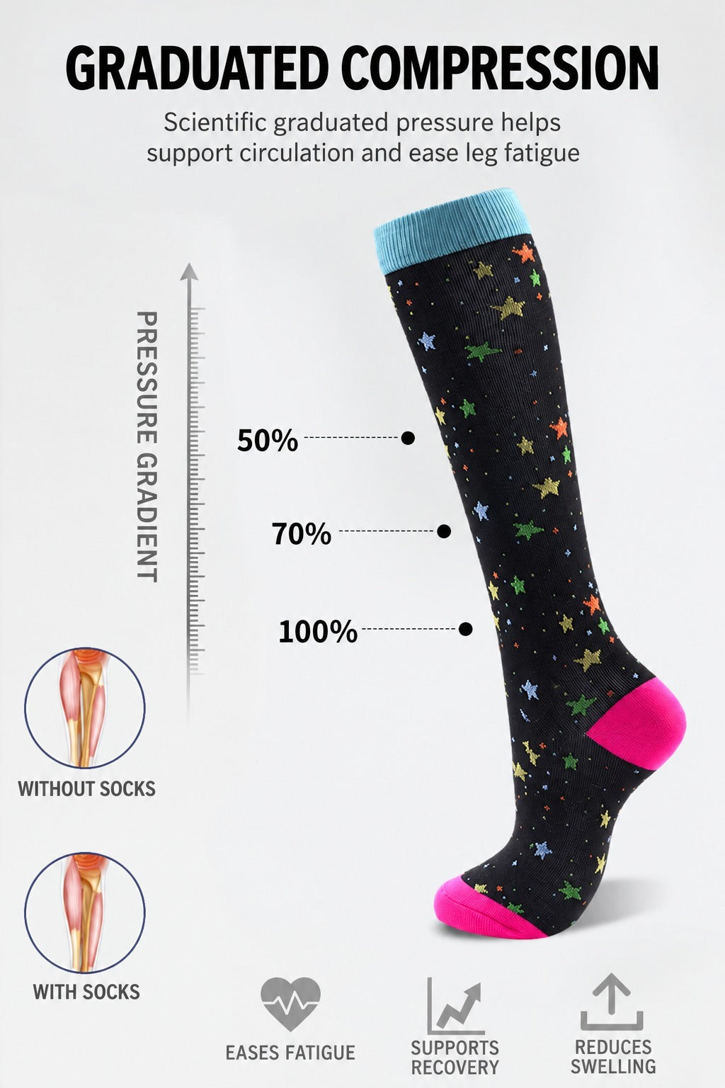 Patterned Compression Socks 6 Pair Set - Irregular Pattern graduated compression detail