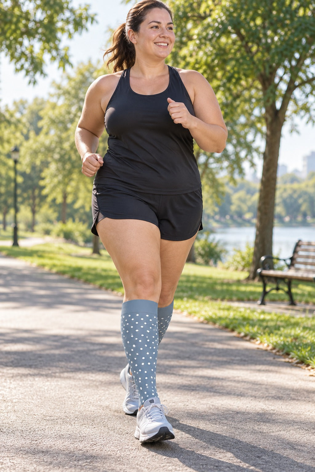 Patterned Compression Socks 6 Pair Set - Gray Blue Dots female running scene
