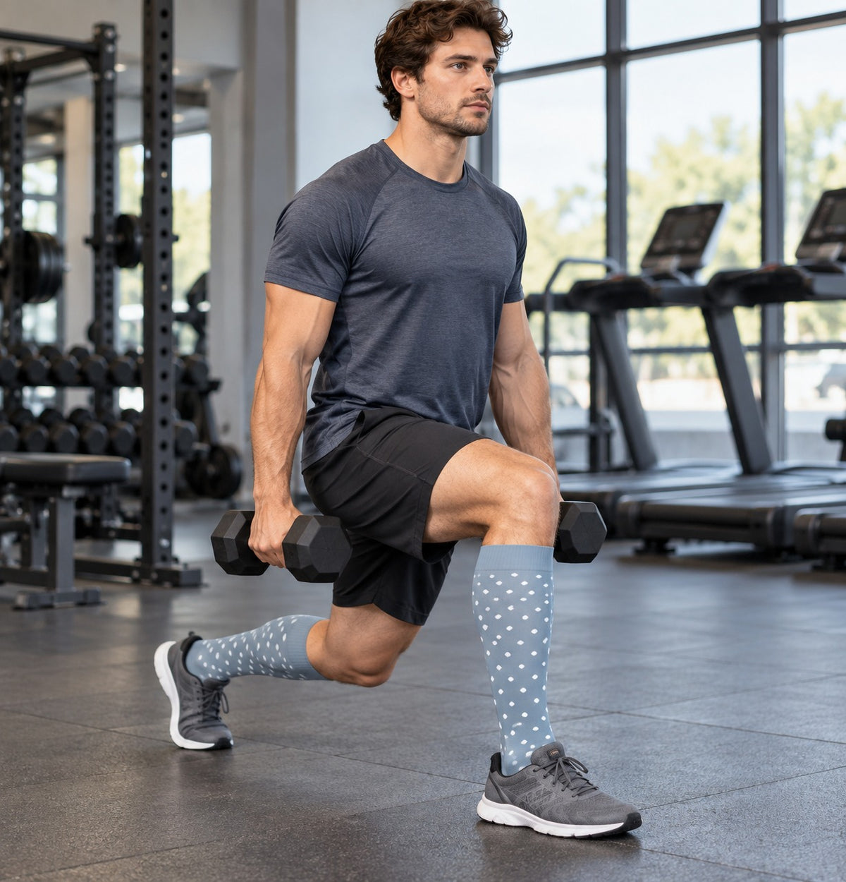Patterned Compression Socks 6 Pair Set - Gray Blue Dots male training scene