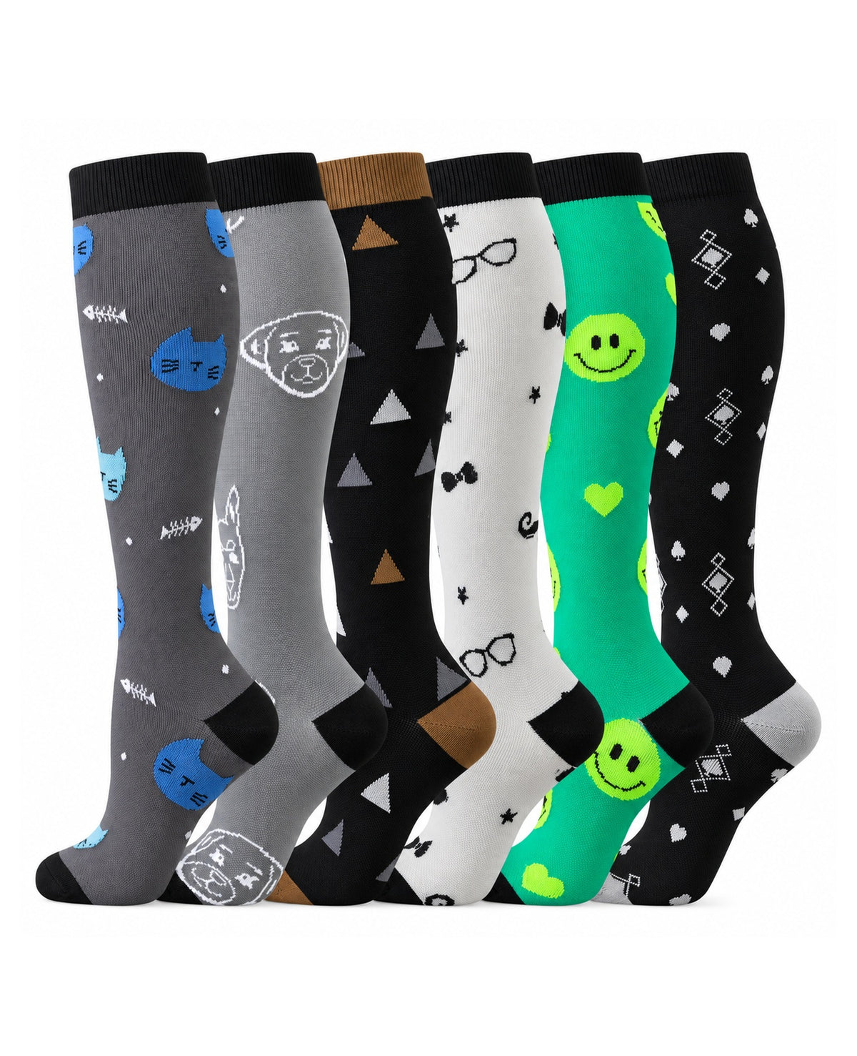 Patterned Compression Socks 6 Pair Set - Green Smile exact six pair assortment sharp white background hero image