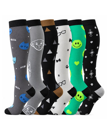 Patterned Compression Socks 6 Pair Set - Green Smile exact six pair assortment sharp white background hero image
