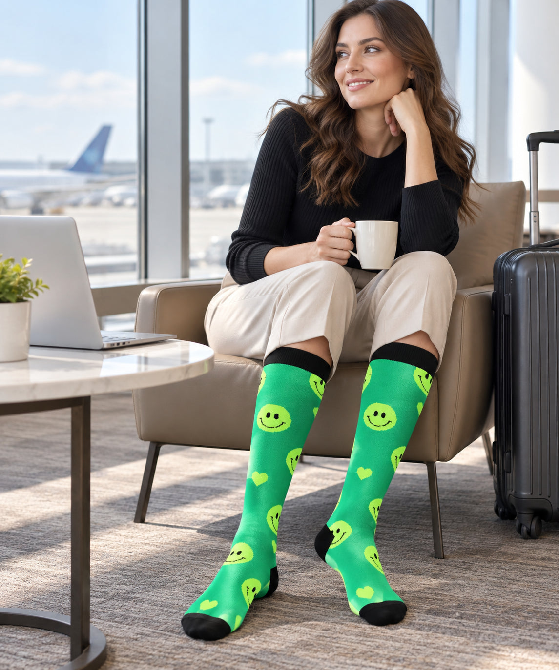 Patterned Compression Socks 6 Pair Set - Green Smile regular compression socks female lifestyle scene 02