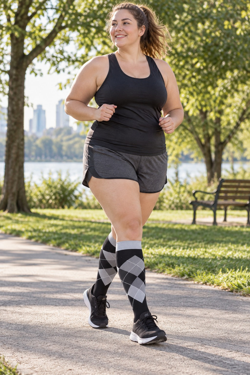 Patterned Compression Socks 6 Pair Set - Horizontal Diamond Stripe female running scene