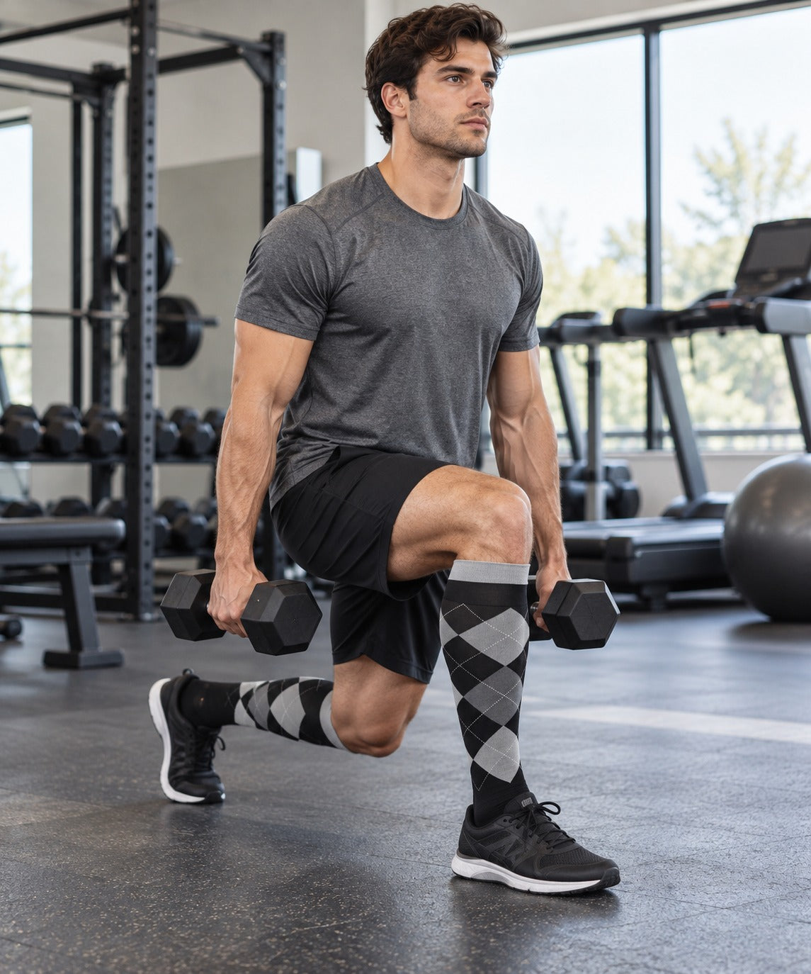 Patterned Compression Socks 6 Pair Set - Horizontal Diamond Stripe male training scene
