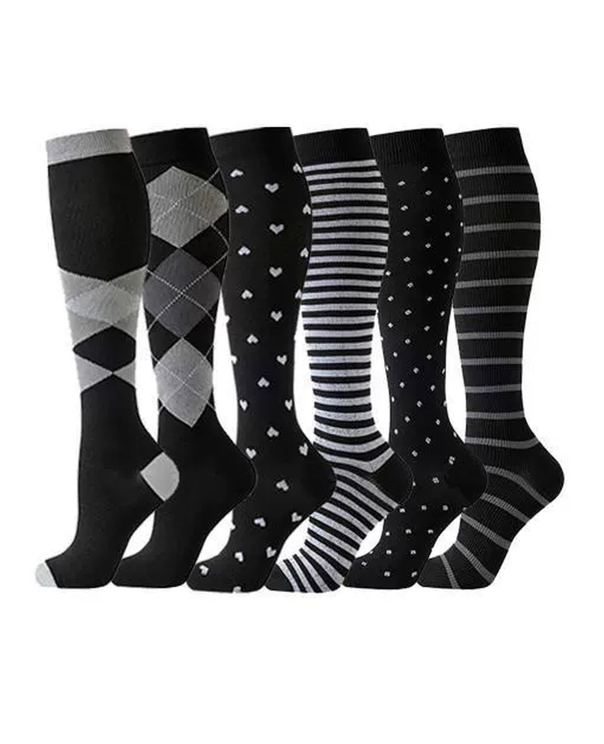 Patterned Compression Socks 6 Pair Set - Horizontal Diamond Stripe exact six pair assortment hero image