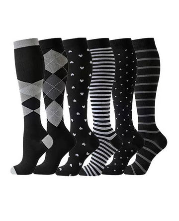 Patterned Compression Socks 6 Pair Set - Horizontal Diamond Stripe exact six pair assortment hero image