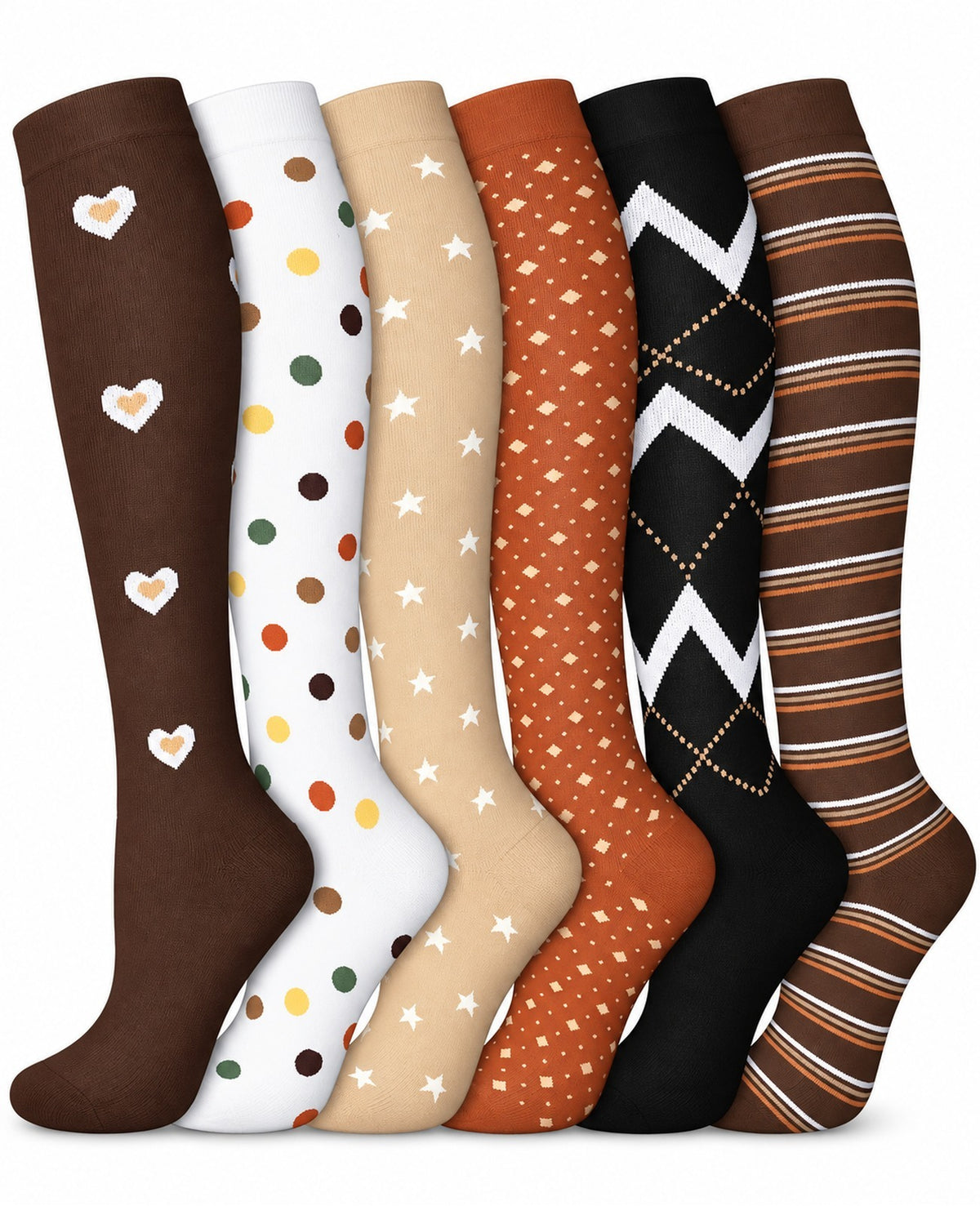 Patterned Compression Socks Knee High 6 Pair Set - Botanical Color Mix clean white background hero