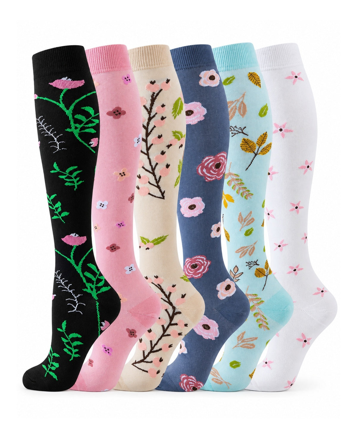 Patterned Compression Socks 6 Pair Set - Botanical Garden AI generated white background six pair assortment