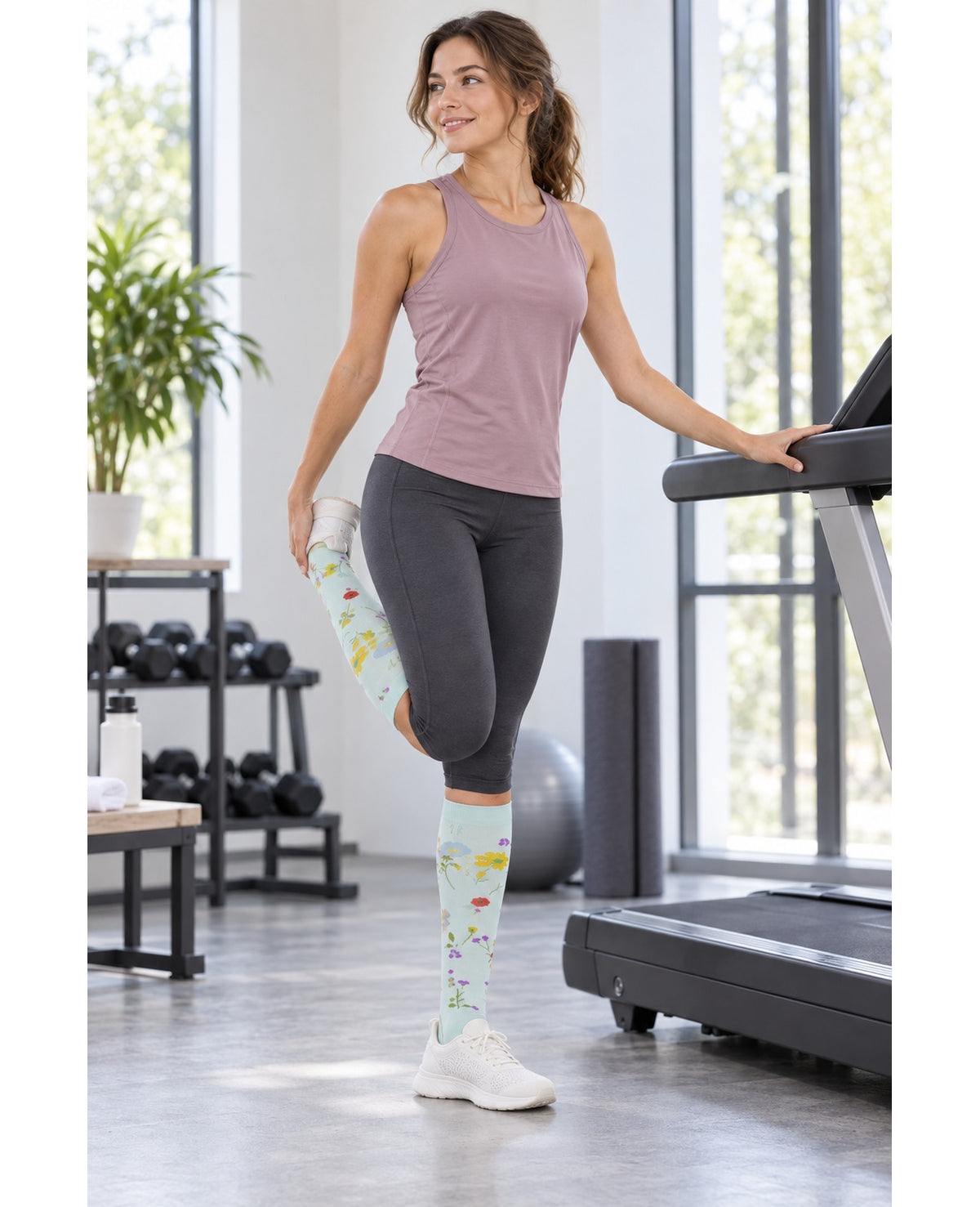 Patterned Compression Socks 6 Pair Set - New Floral Mix 1 female model sports scene