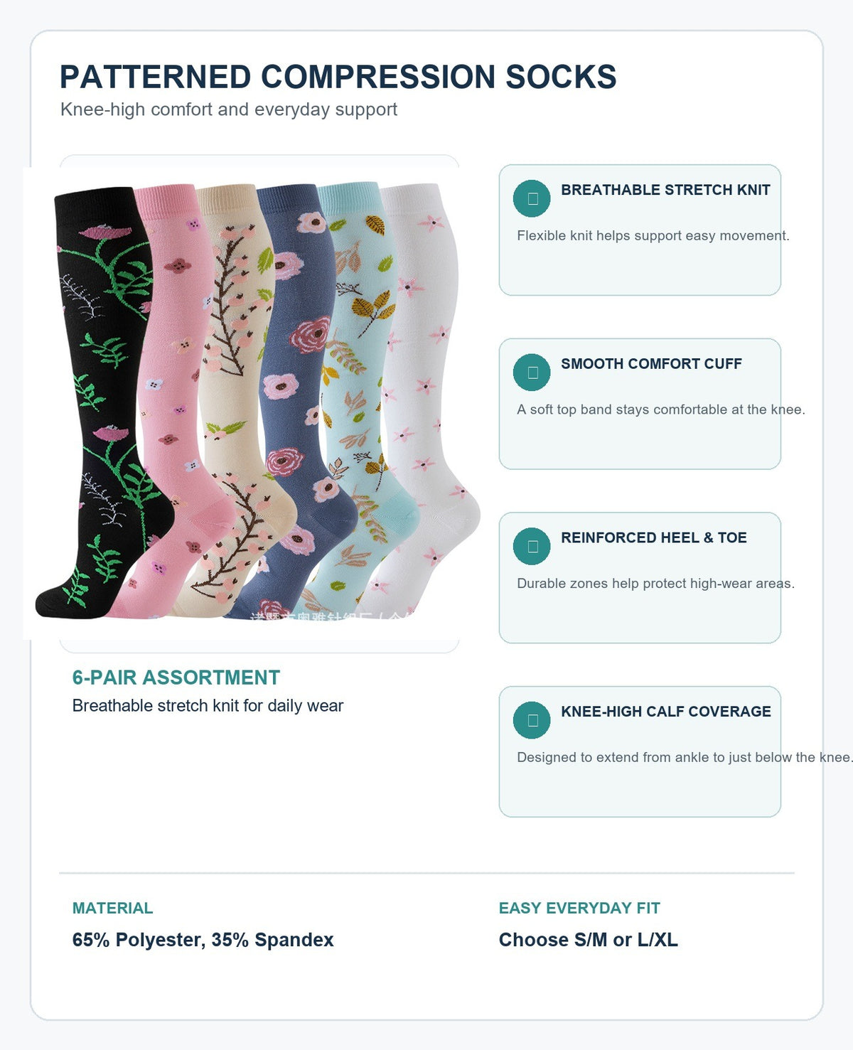 Patterned Compression Socks 6 Pair Set - New Floral Mix 1 structure and function